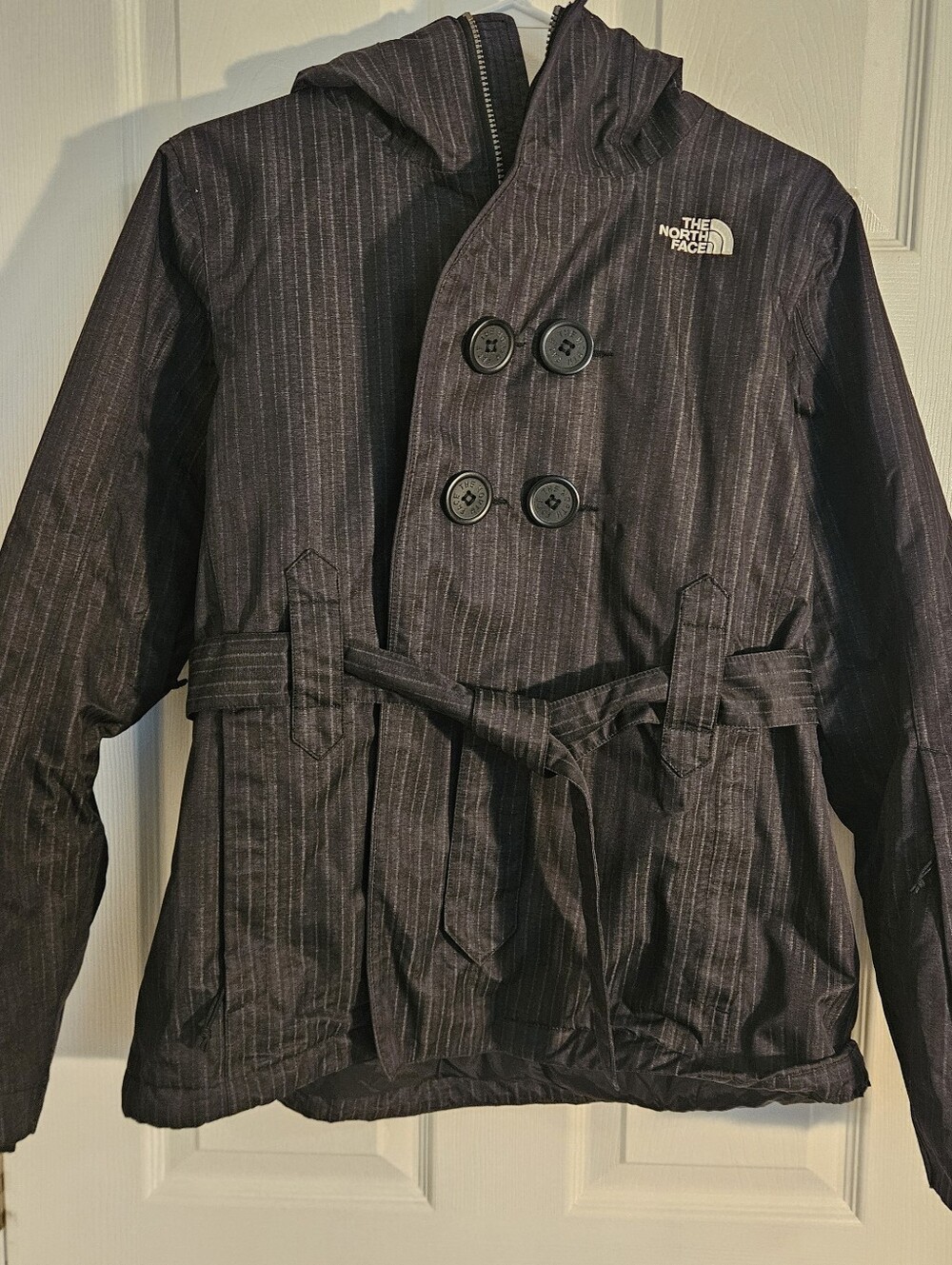 The North Face Women's Medium Double Button Hooded Belted Pinstripe Jacket/ Coat